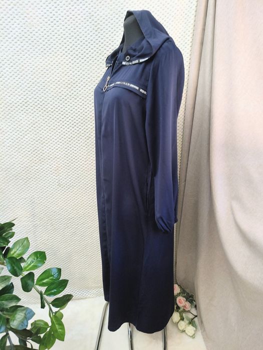 Długi granatowy jesienny damski płaszcz z kapturem r. XL/XXL 42/44