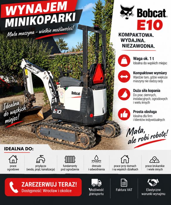 Wynajem minikoparki Bobcat E10 – 1 tona