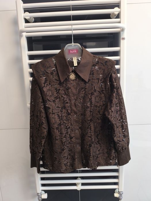 Elegancka koronkowa koszula w czekoladowym brązie  | L/40 | jak nowa