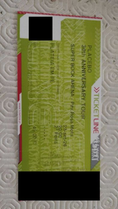 Bilhete físico (plateia em pé) Placebo (30th Anniversary Tour) - Super Bock Arena