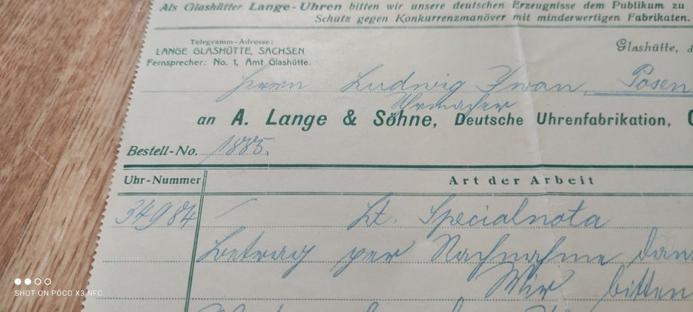 Dokument niemiecki fabryka zegarków Lange & Sohne 1912