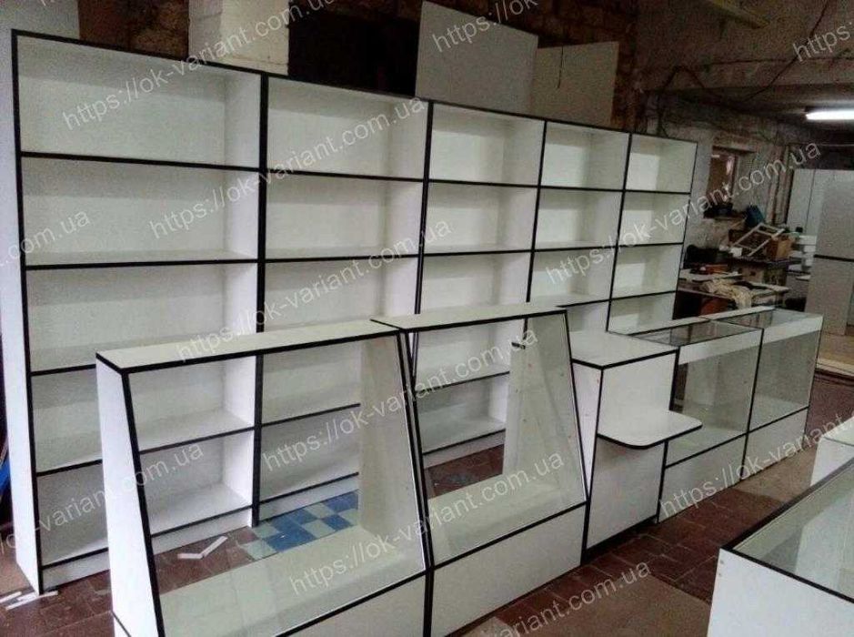 Торгові стелажі та прилавки. Вітрини для магазину