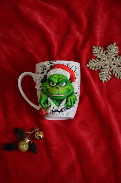 Грінч новорічний подарунок, чашка з декором,  ручна робота,  грінч