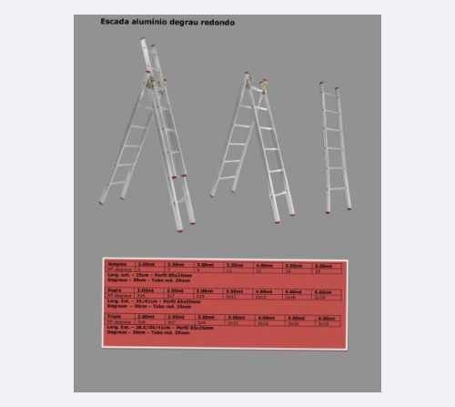 Escada Profissional Tripla 3x4m (10m Úteis) Degrau Redondo - Alumínio 6060