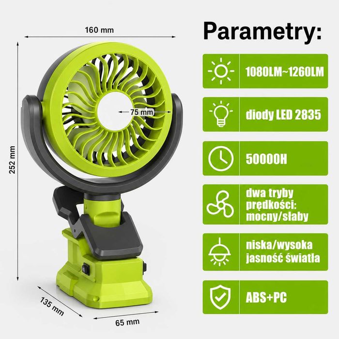 Wentylator z lampą LED do akumulatorów Ryobi 18V