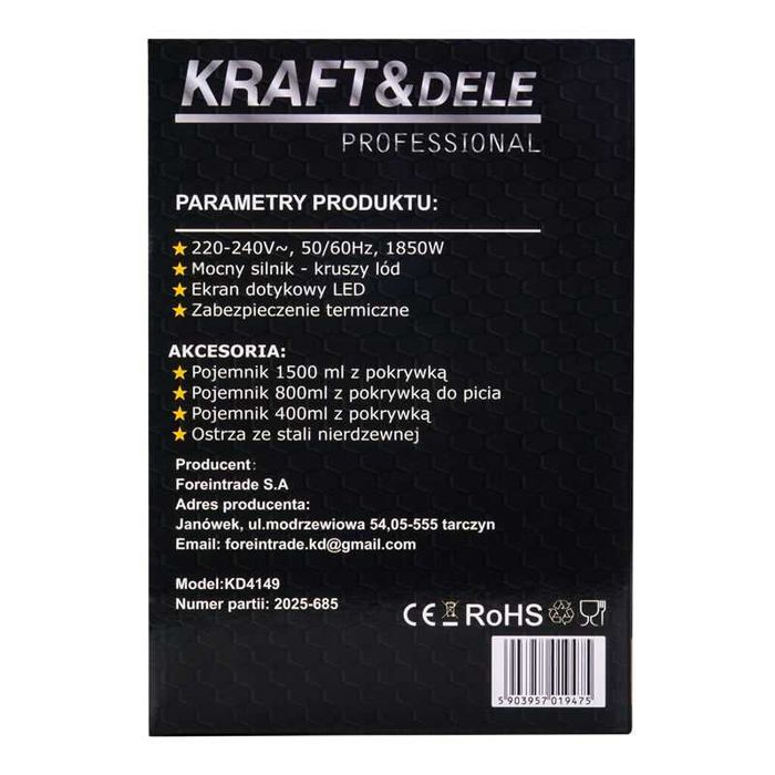 BLENDER Kielichowy mikser 1500ml 800ml 400ml 1850W czarny Kraft KD4149