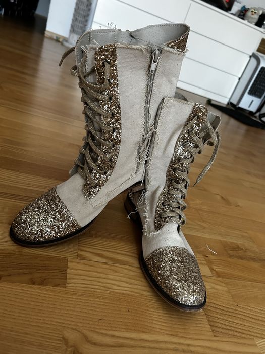 Buty botki złote len z brokatem