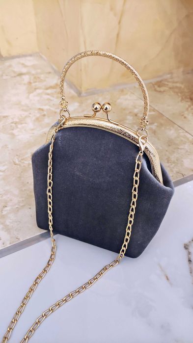 Elegancka torebka damska szara welur retro na bigiel. UNIKAT. PREMIUM.