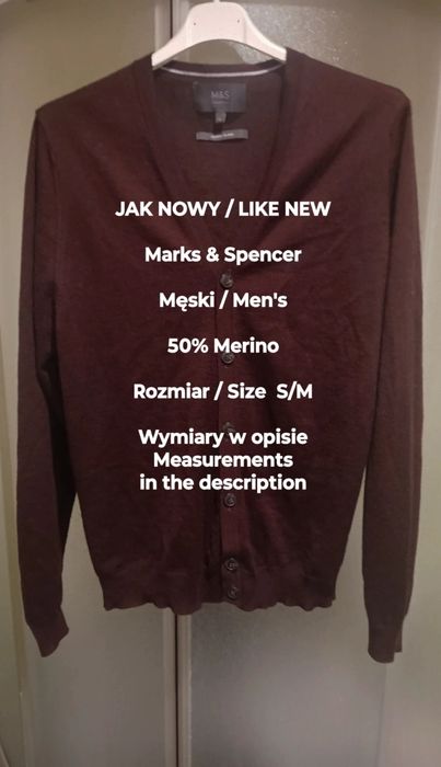 Marks & Spencer  Rozpinany męski sweter z wełny, 50% Merino, Roz. S/M