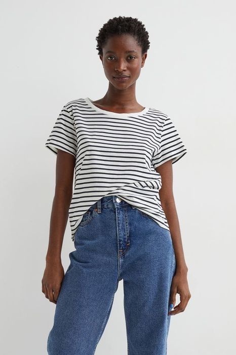 Футболка біла в смужку H&M базова котонова в полоску хлопковая белая S