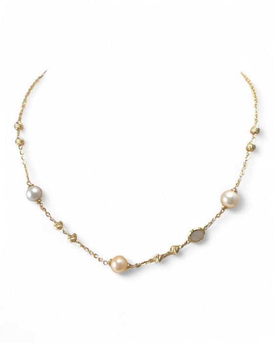 Złota kolia z perełkami i złotymi kuleczkami