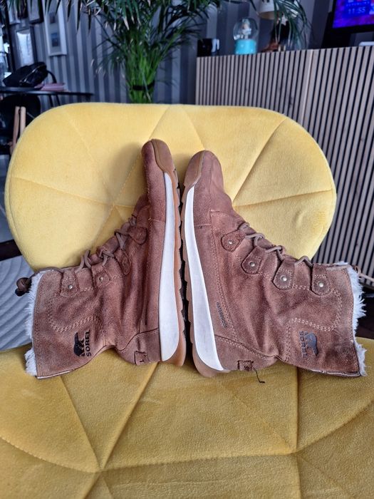 Buty zimowe jesienne Sorel 39 25cm brązowe skóra naturalna kożuszek