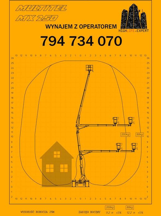 Wynajem podnośnika 25m Mycie elewacji, Montaż, Prace na wysokości