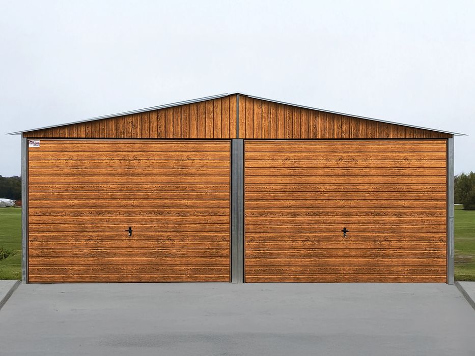 Blaszak dwustanowiskowy 6x5 m - Dach dwuspadowy, Brama uchylna, Drewno