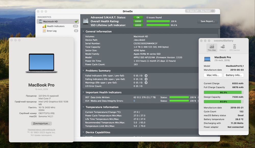 Macbook pro 15 2019 i7 2,6/ 16gb / 1000gb / Radeon Pro 4 ГБ 94% АКБ