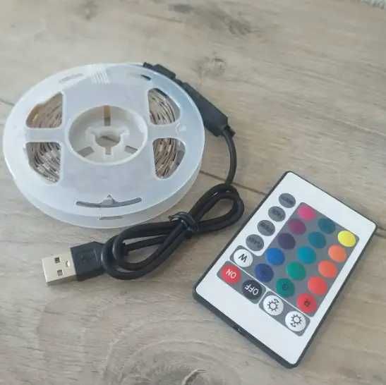 Світлодіодна LED стрічка 5V 2 метри з пультом ДУ USB лампа світильник від Power Bank Мультиколор