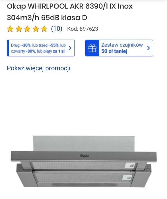 Nowy okap WHIRLPOOL AKR 6390/1 IX Inox 304m3/h 65dB klasa D