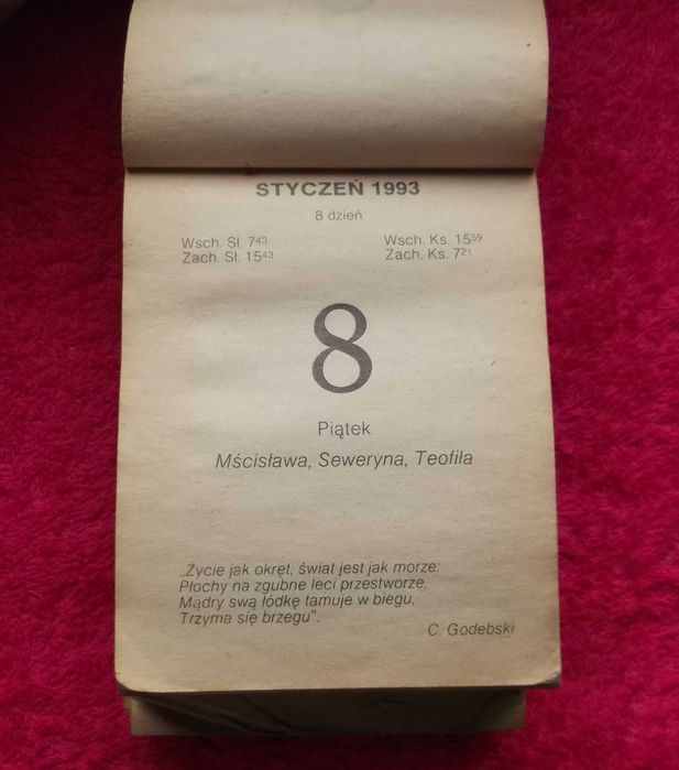Stara kartka z kalendarza, metryczka 1993 roku.