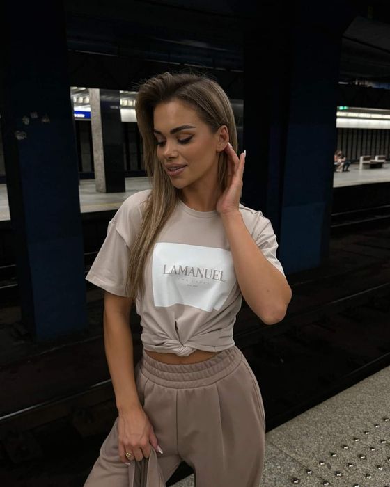 T-shirt LaManuel Control Uni beżowy cappuccino czarny bialy