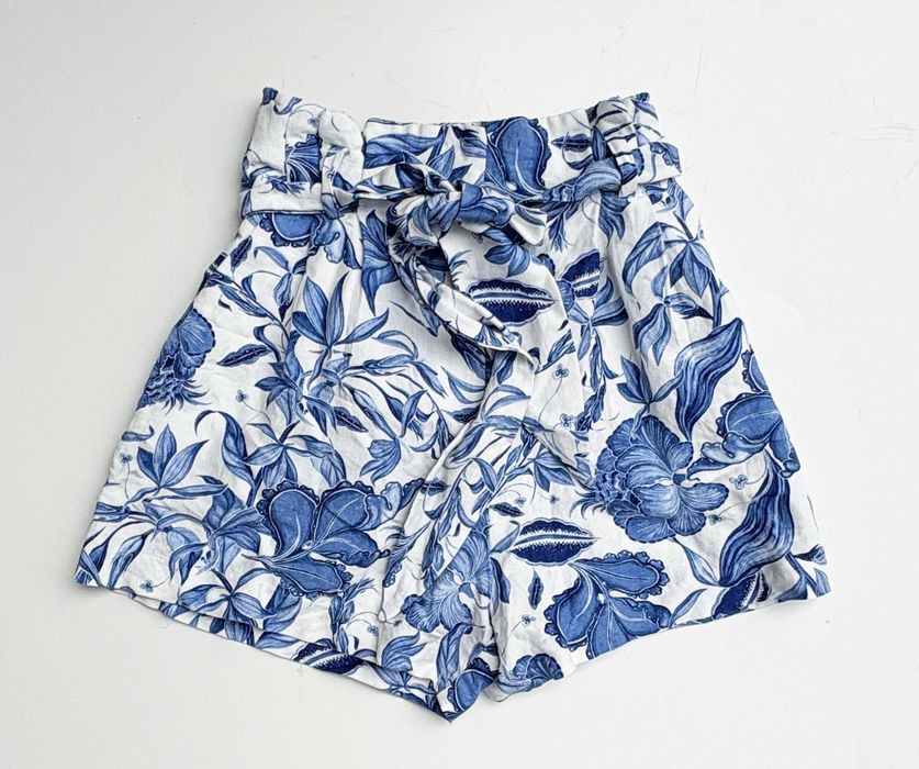 Spodenki Szorty Wzory H&M Białe Niebieskie XS 34 Len Lniane
