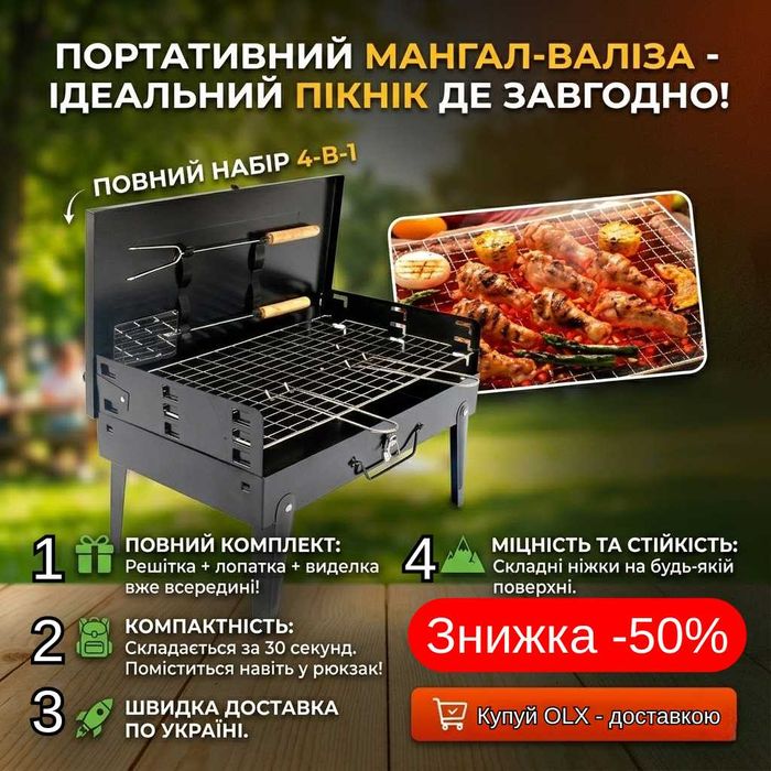 Мангал-Валіза 4-в-1 + Повний Набір (Решітка, Лопатка, Вилка, Мангал)
