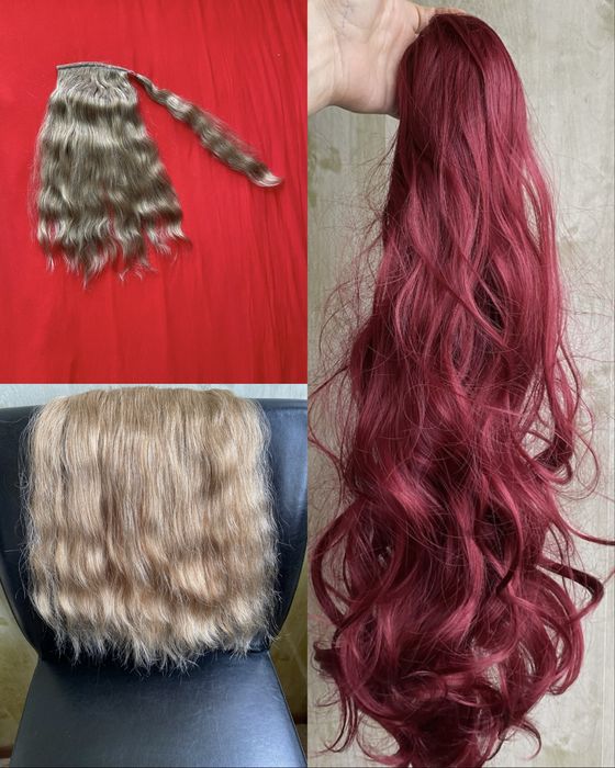 хвіст шиньон колір спіла вишня, натуральний пепельно русявий