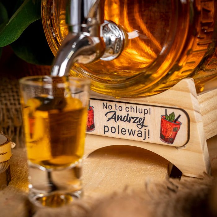 Beczka beczułka 1l szklana + stojak + tabliczka z nadrukiem