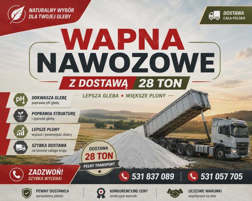 Wapno Nawozowe Węglanowe,Magnezowe, Kreda -PROSTO Z KOPALNI !! SUCHE ! TRANSPORT LUZEM !