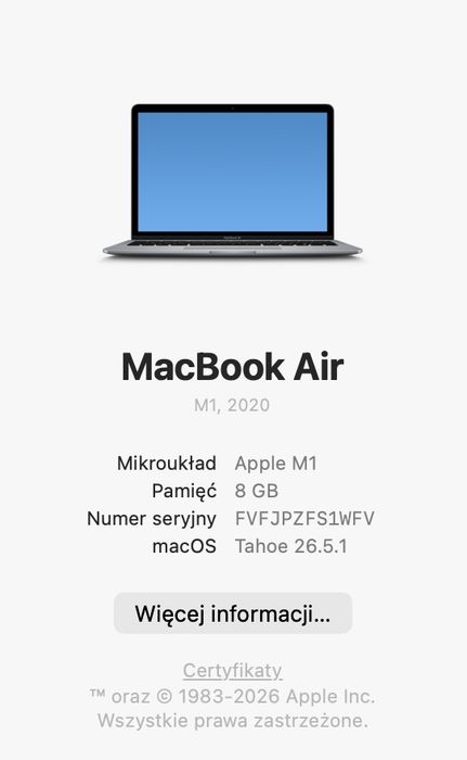 Macbook space grey m1 2020 8gb/256gb