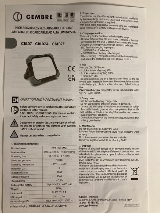 Projetor portátil recarregável CEMBRE CBL07 LED - Novo