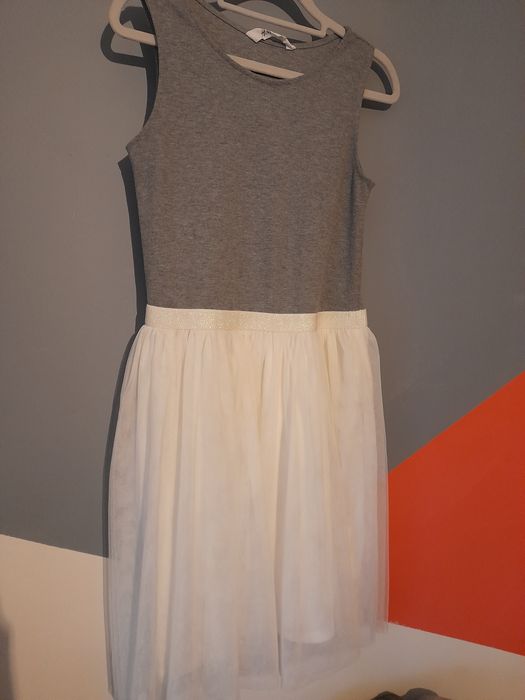 Super sukienka święta komunia szaro biala prążek i tiul h&m 12 13 14 l