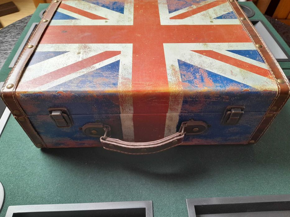 Mala retro madeira forrada tela pintada bandeira UK usada bom estado