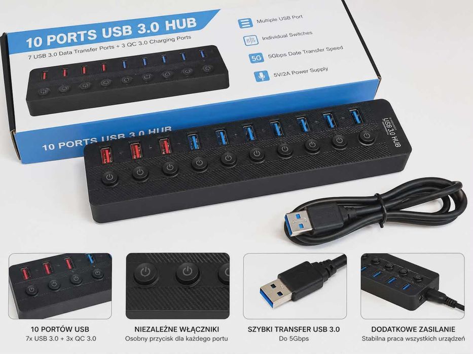 USB HUB 3.0 10 portów + włączniki | szybki transfer 5Gb/s | zasilany