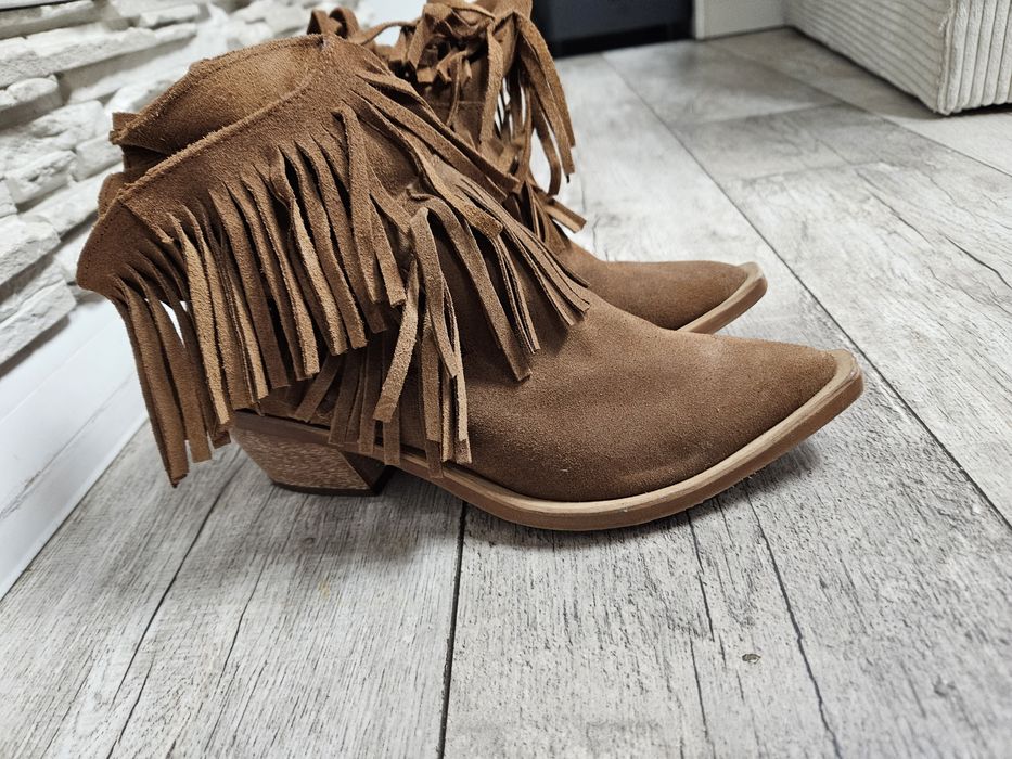 Przepiękne kowbojki z frędzlami brązowe 24.5 skóra naturalna