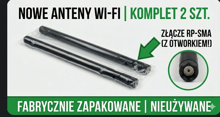 Nowe Anteny Wi-Fi 2 szt. | RP-SMA (otworek) | Fabrycznie zapakowane