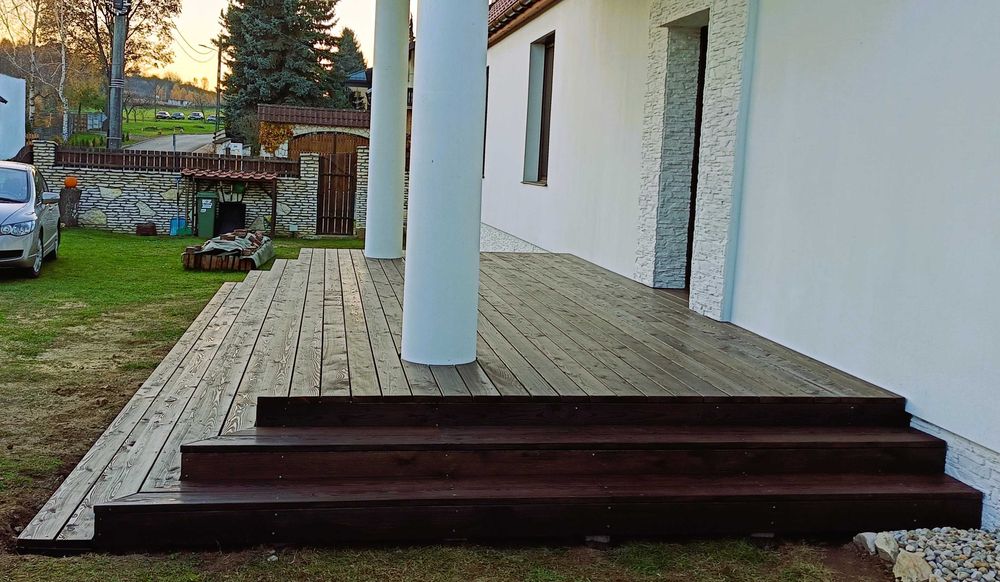 Taras/podłoga deska modrzewiowa, pergole, zadaszenia, układanie paneli