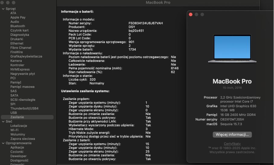 MacBook pro 15’ i7 16 GB 320 cykli