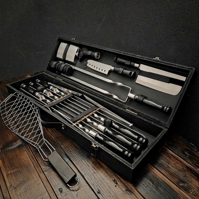 Набор шампуров в деревянном кейсе подарунковий набір шампурів