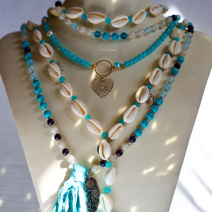 Długi naszyjnik z muszelek i kamieni naturalnych BOHO3GIRLS chwost