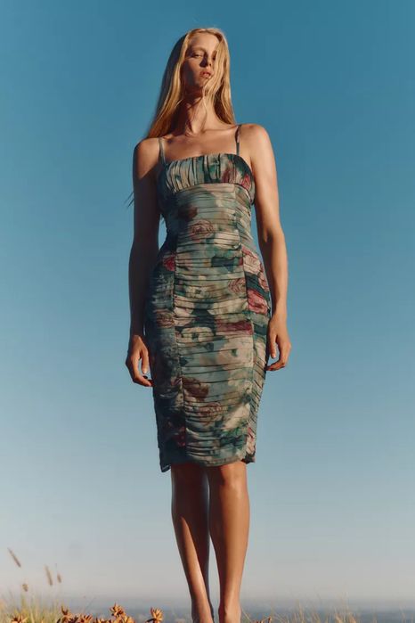 Сукня зара приталена святкова бірюзова у квітковий принт на бретельках