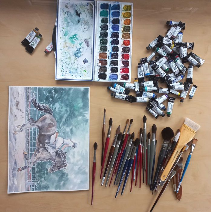 Obraz akwarela autorska_Koń, jazda konna, 31x41cm, oryginał_rezerwacja