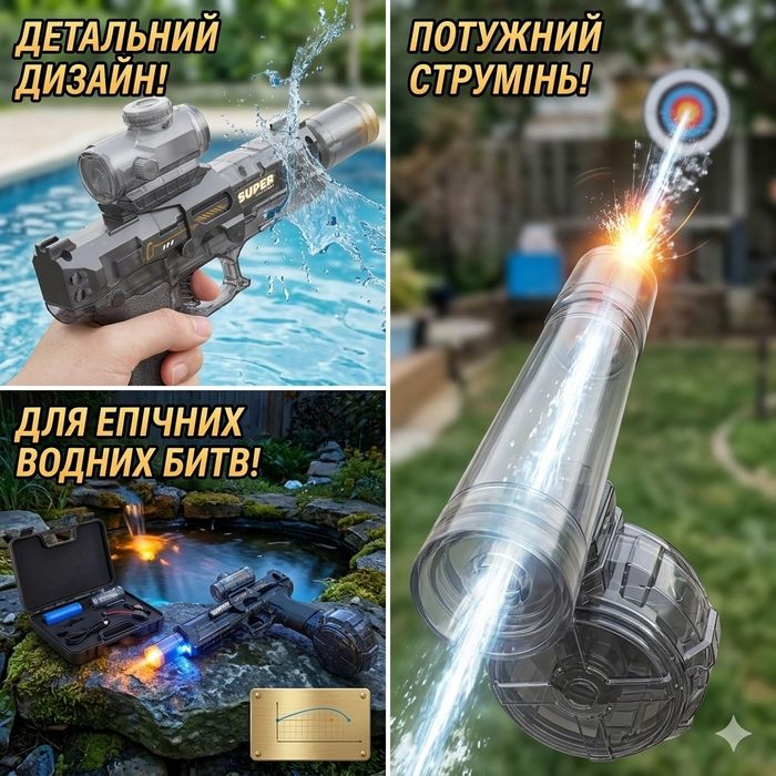 Водяний акумуляторний пістолет, електричний бластер з імітацією  вогняного світла, водний бластер, пістолет, дальність 8м, 500мл ТРЕНД ХІТ ЛІТА