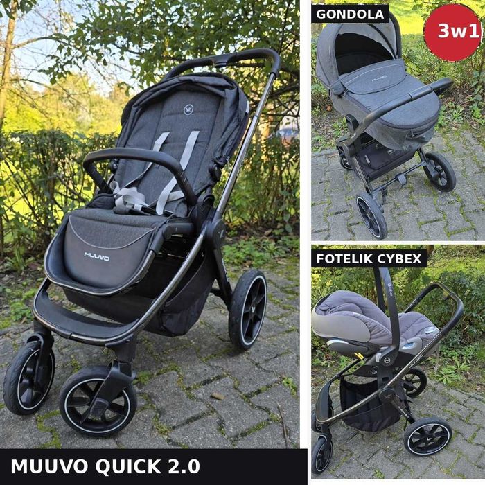 Muuvo Quick 2.0 3w1 – gondola + spacerówka + fotelik Cybex + baza – KOMPLET