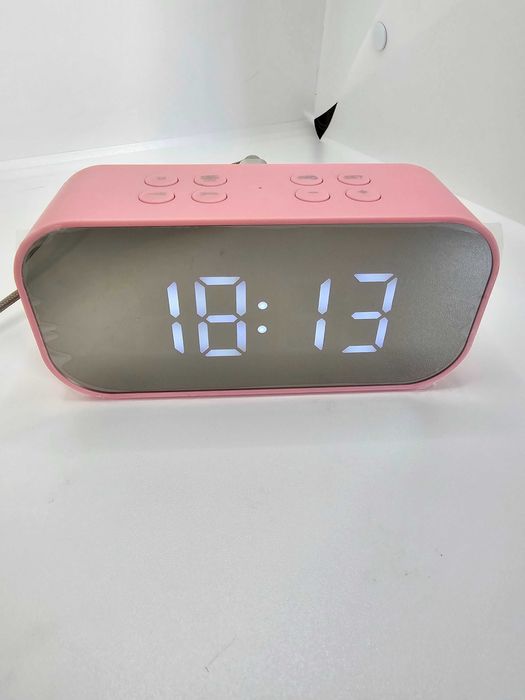 Głośnik Bluetooth Zegar z budzikiem LED, lustrzany, różowy, akumulator