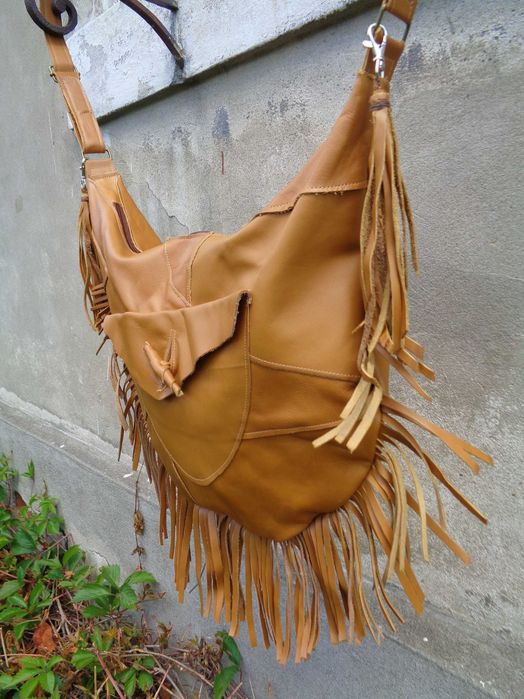Artystyczna duża beżowa torebka skórzana. Handmade