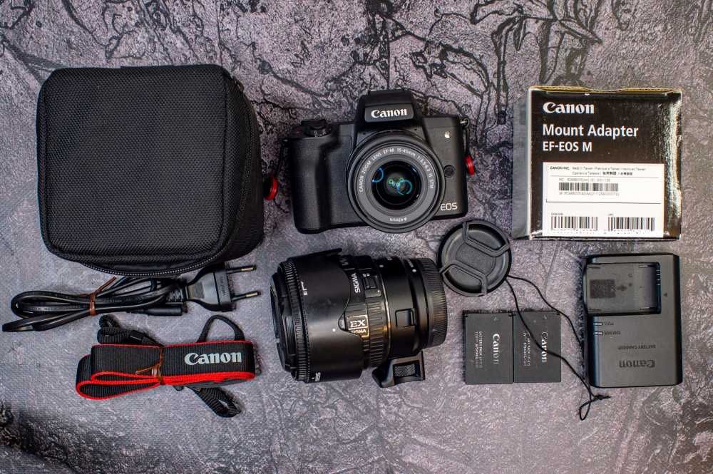 Canon M50 + Canon 15-45 + Sigma 30mm f 1.4 + EF-EOS-M adapter