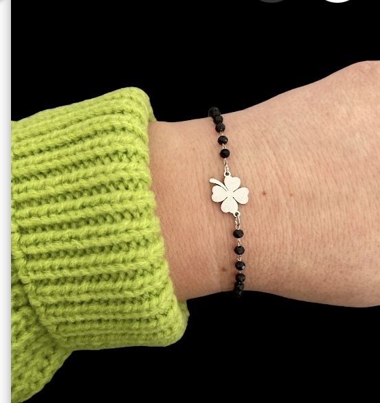 Bransoletka stal 316L  srebro  koniczyna czarne cyrkonie