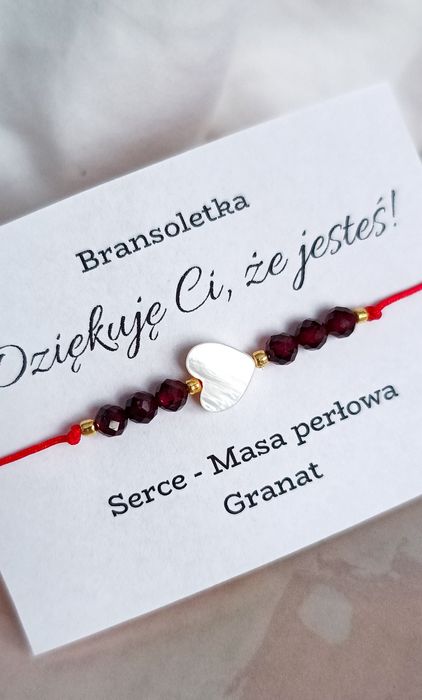 Bransoletka kamienie naturalne serce granat czerwony sznurek