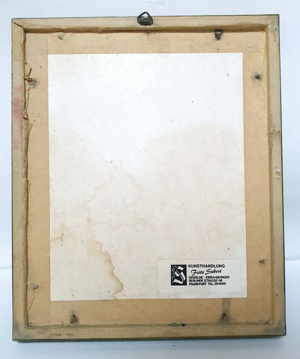Fantástica antiga pequena gravura alemã assinada e colorida