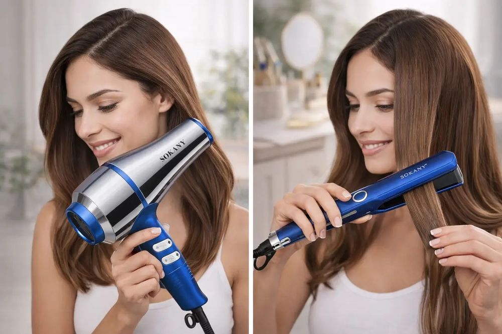 Набор для волос 2 в 1 Sokany Синий SK-14036, Утюг для волос, Фен и вып